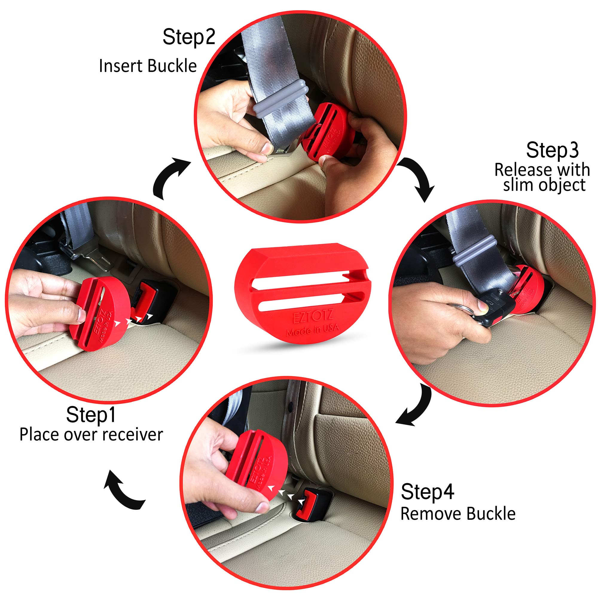 EZTOTZ BuckleShield close-up highlights a child-friendly shield against unauthorized unbuckling.