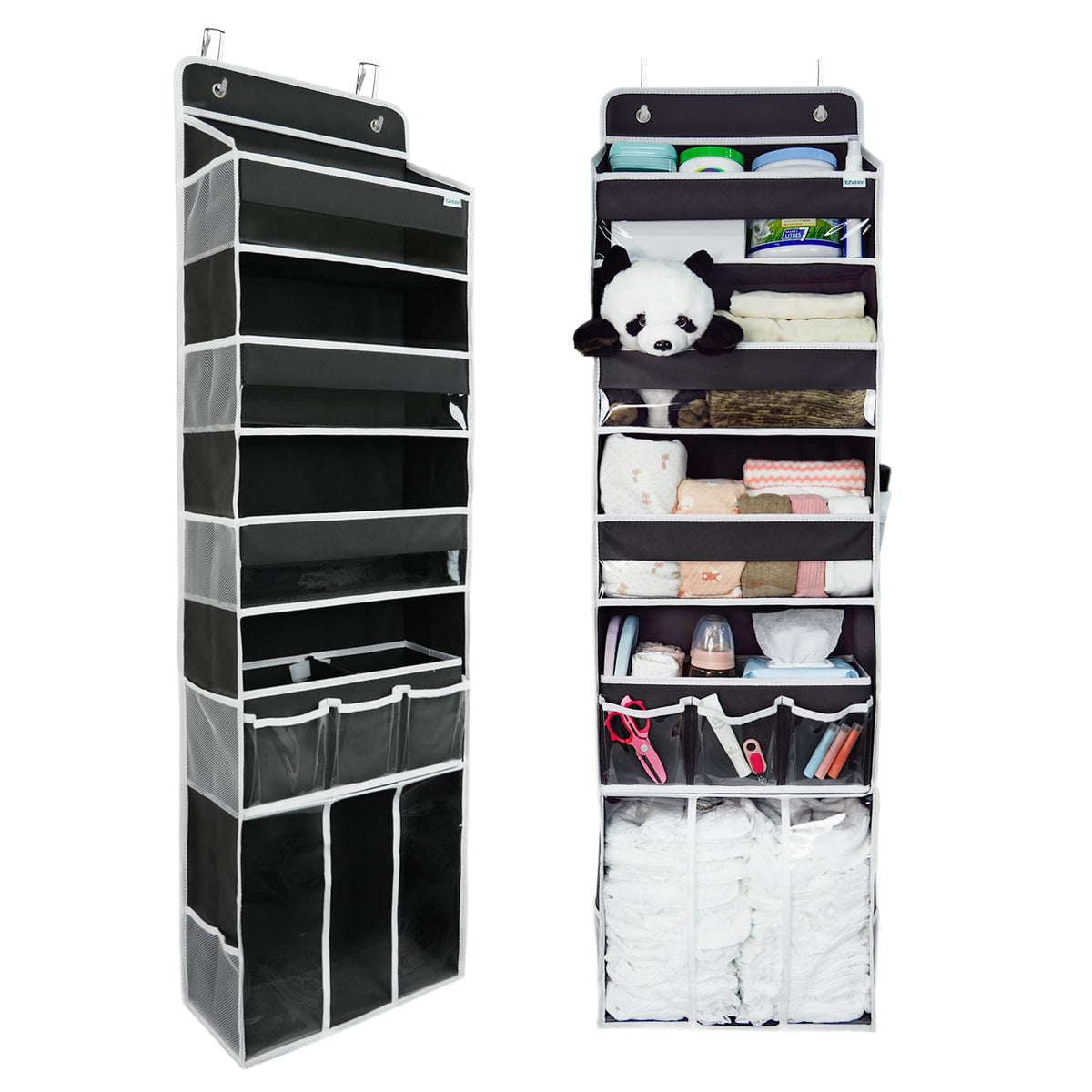 EZVERY door hanging storage with three bins enables quick nursery organization.