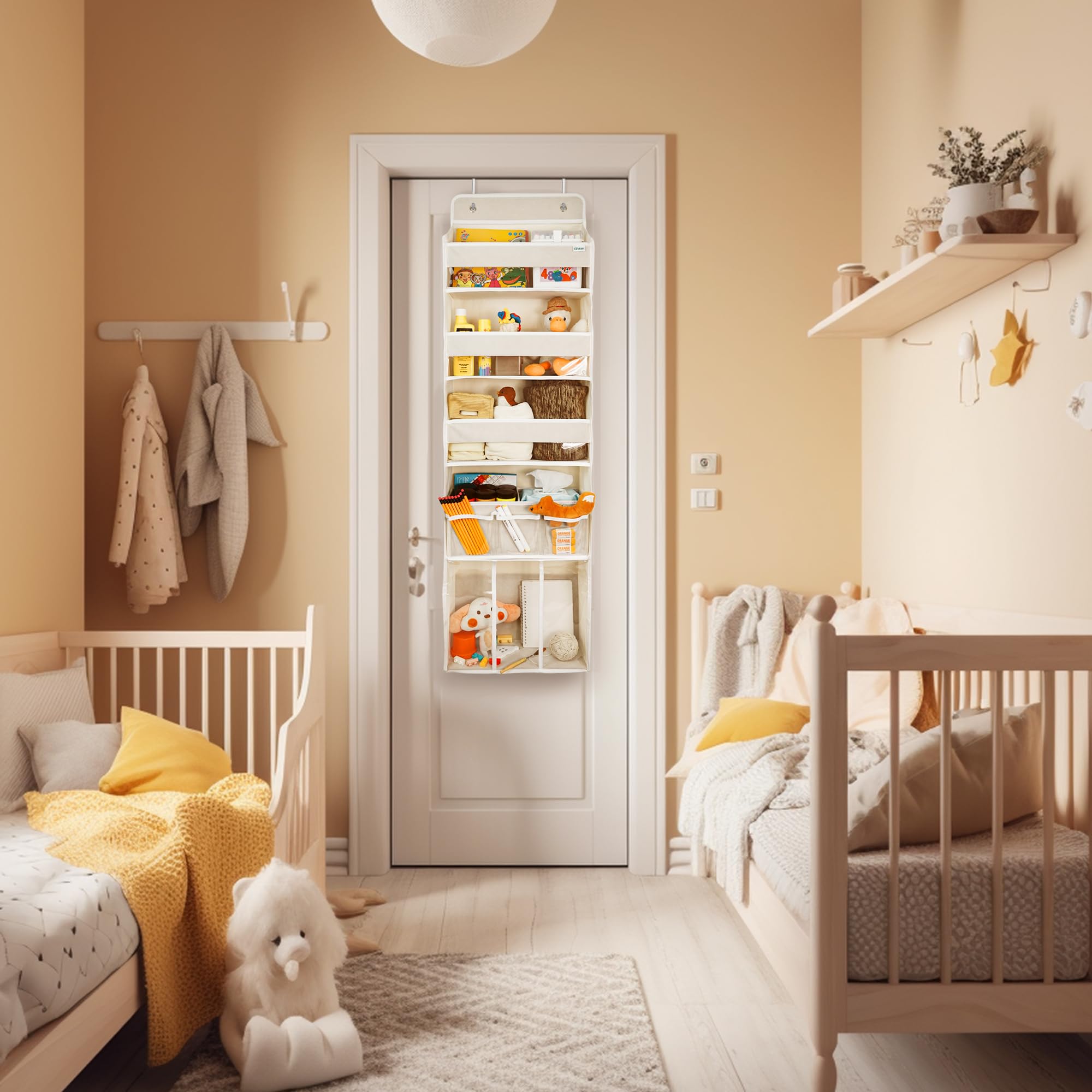 EZVERY door hanging storage in beige color complements nursery decor.