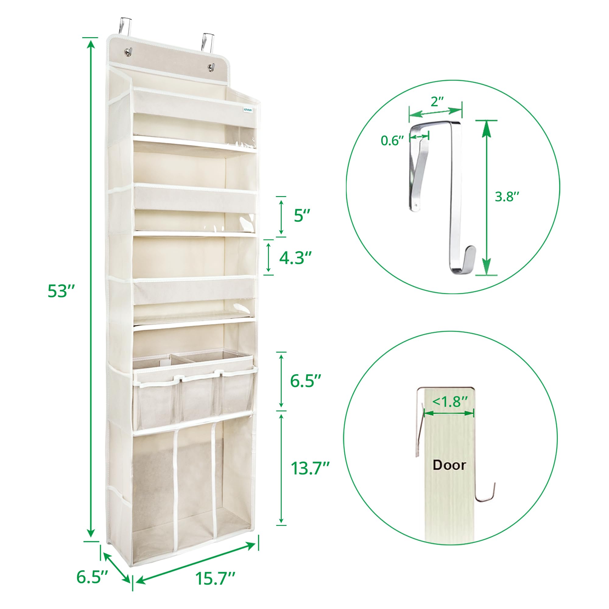 EZVERY door hanging organizer side pockets provide extra storage for small items.