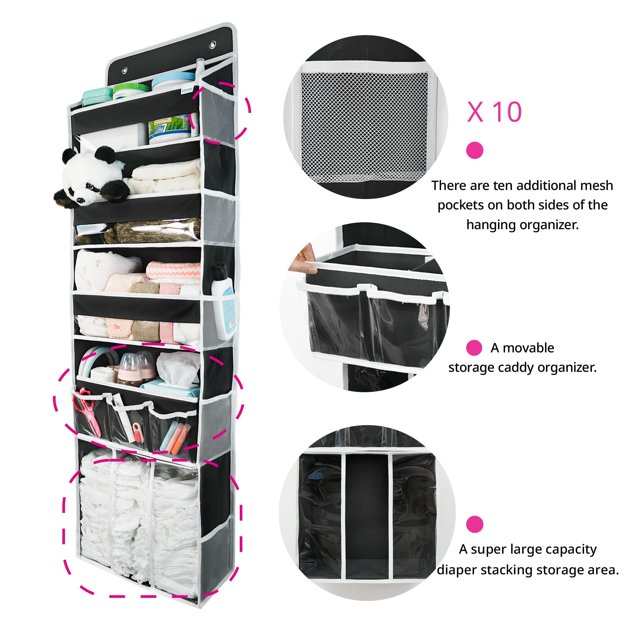 EZVERY ten side pockets keep small items organized within reach.