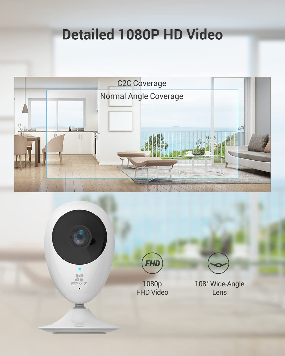 EZVIZ C2C night vision up to 33ft for clear in-dark monitoring.
