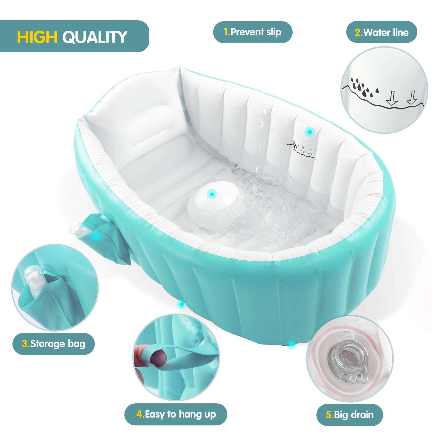 EZYCOK inflatable baby bathtub green side-pocket detail for easy storage