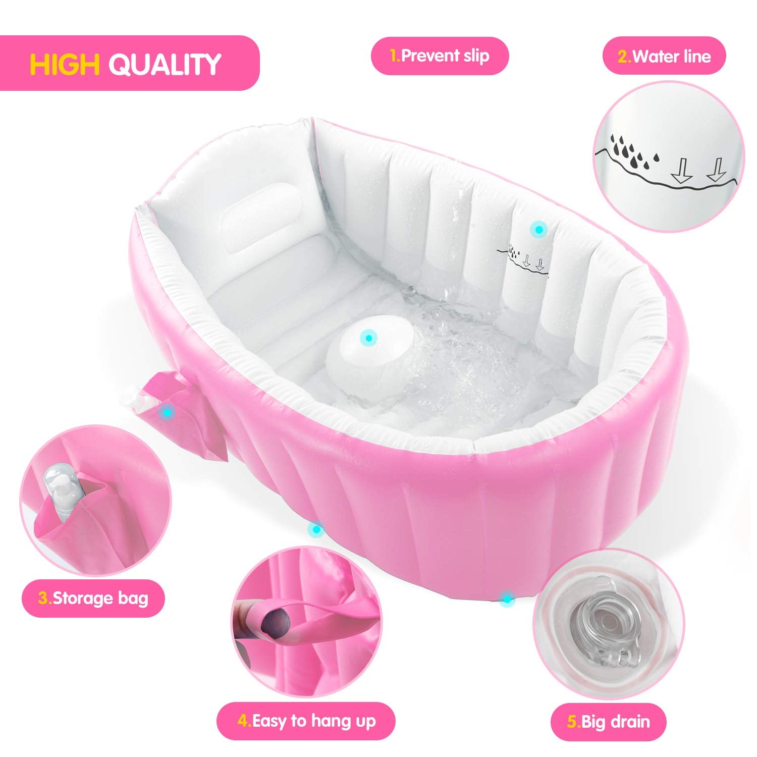 EZYCOK pink tub close-up highlights side pocket for bath essentials