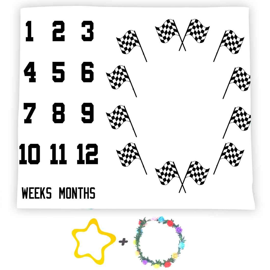 F-FUN SOUL milestone blanket front view with race car flags for stylish baby growth photos.