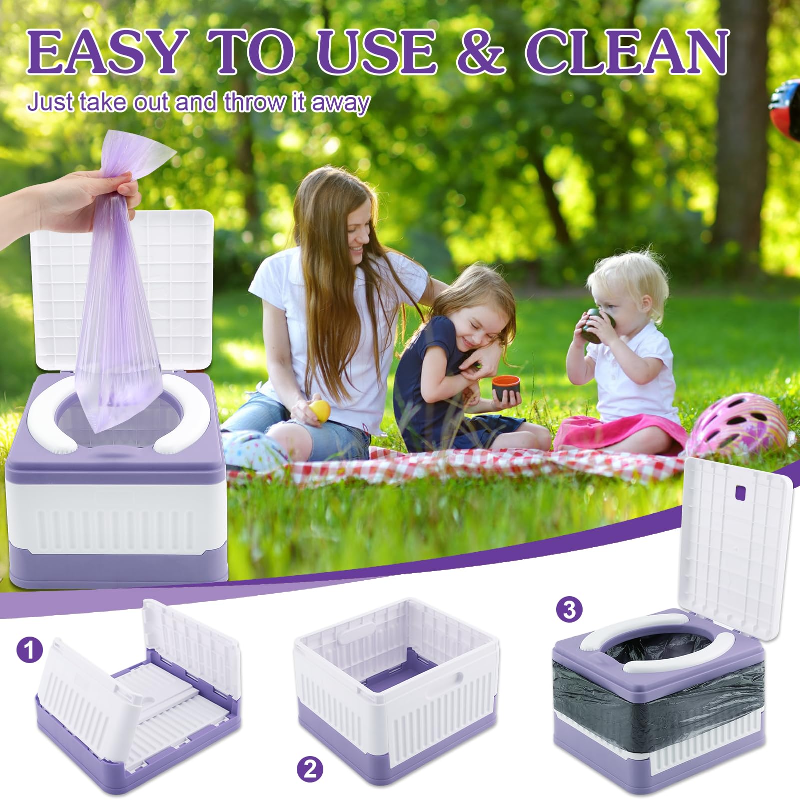 Fabulas portable potty with included bags enables easy disposal.