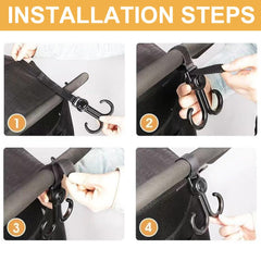 Faddare double-stroller-hook rotates to hold bags hands-free.