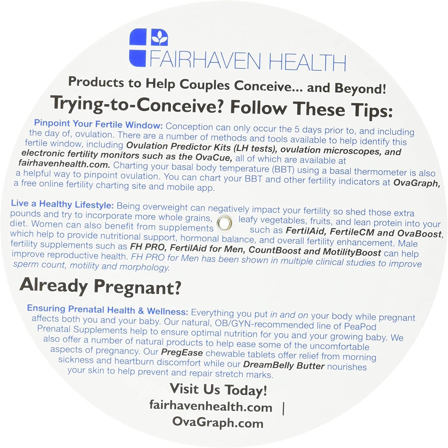 Fairhaven Health ovulation calendar inside view highlighting conceiving timing and test days.