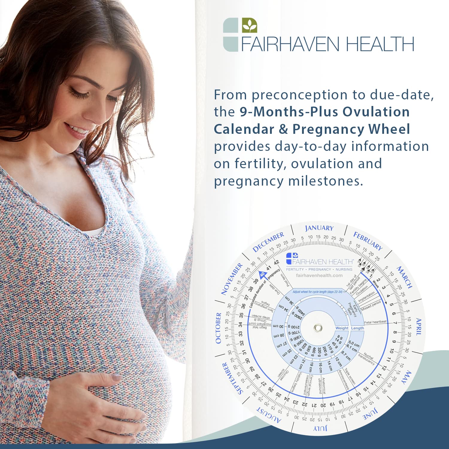 Fairhaven Health pregnancy pinwheel with due date markers and milestone prompts.