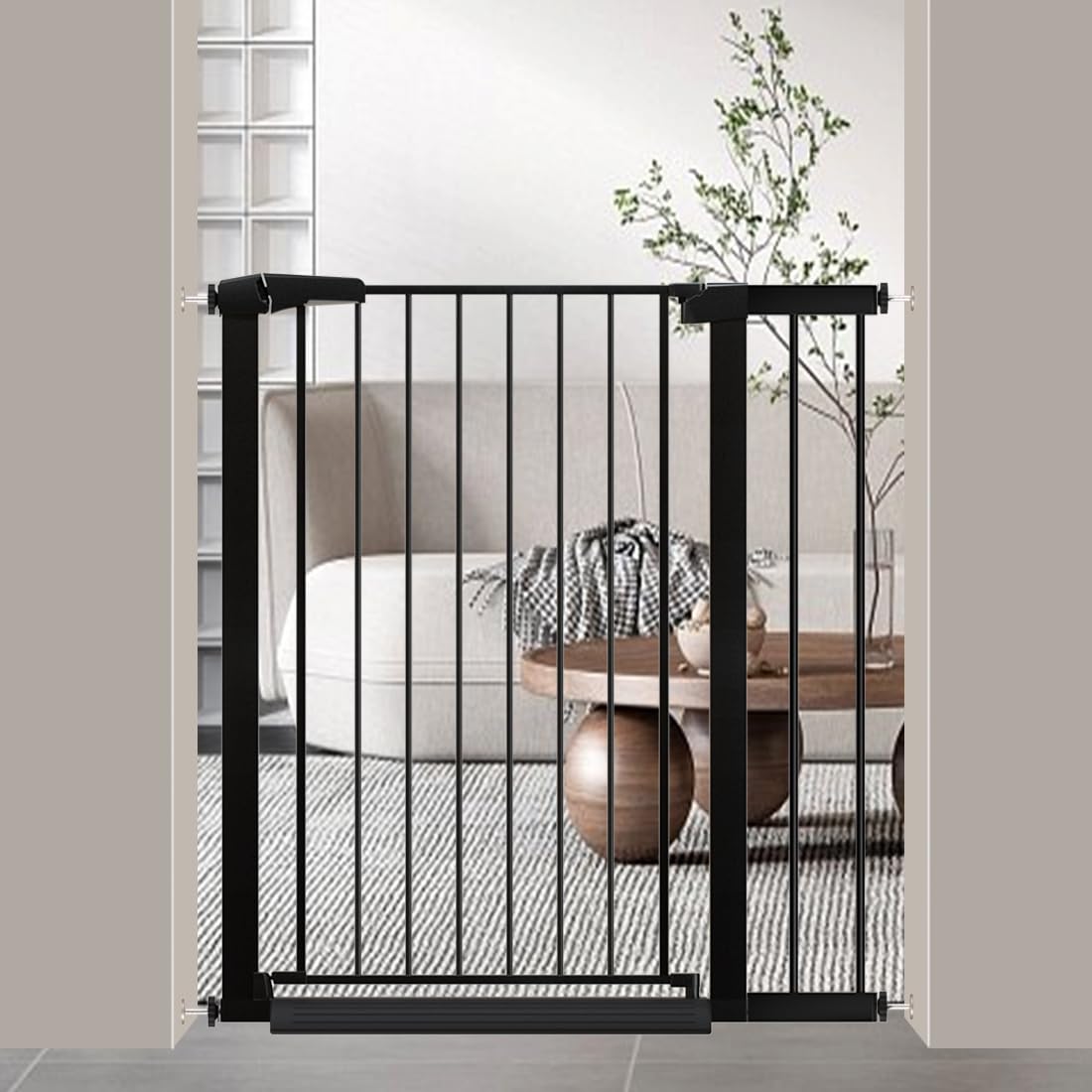 Fairy Baby 38-inch gate installed on stairs, showing secure pressure mount for wide openings.