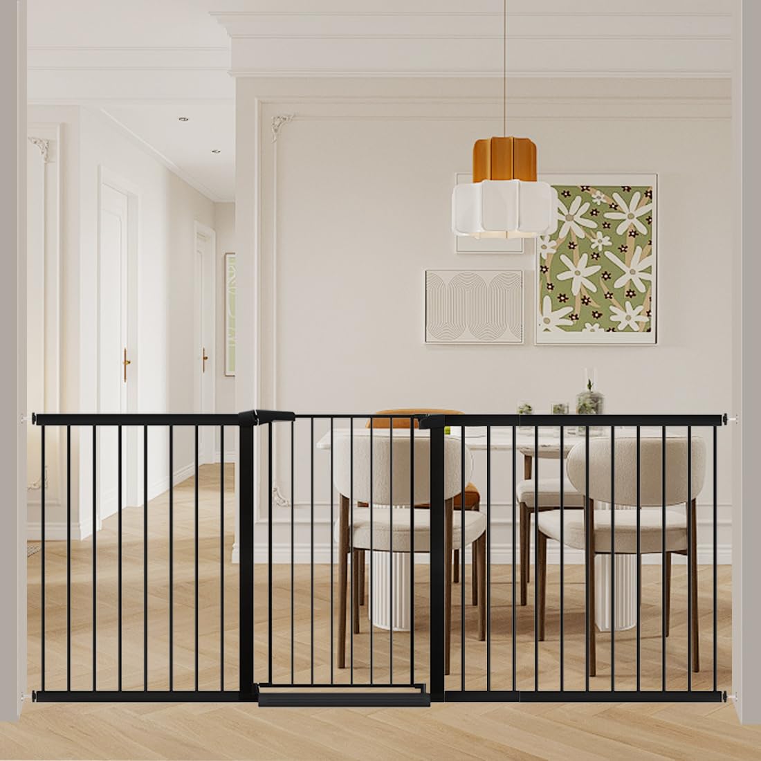 Fairy Baby 38in extra tall gate on stairs provides a sturdy barrier for toddlers and pets.