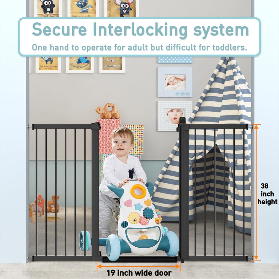Fairy Baby 38-inch extra tall gate angle-closure illustrates auto-close feature.