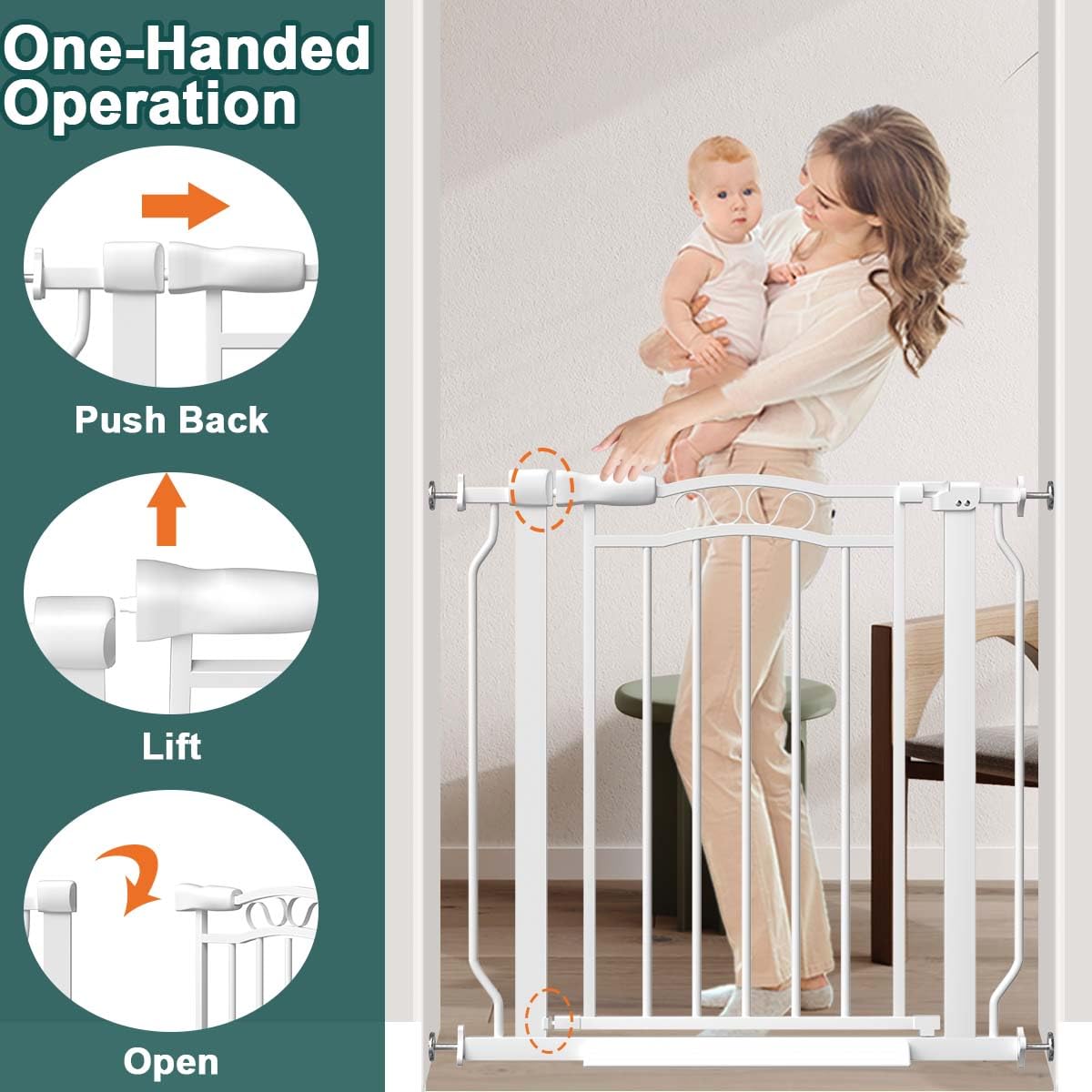 Fairy Baby double-lock safety gate enables one-handed operation for adults.