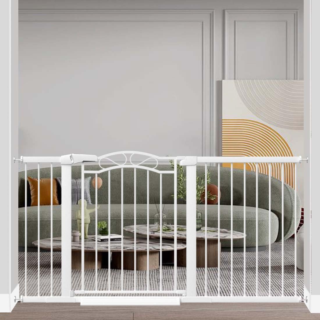 Fairy Baby extra-wide gate showing 59–62 inch press-mounted fit for wide doorways and open spaces