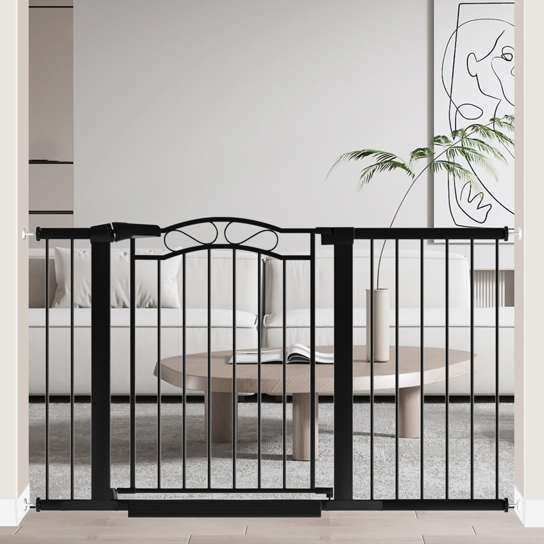 Fairy Baby extra-wide gate with door closed demonstrates secure fit for busy households.