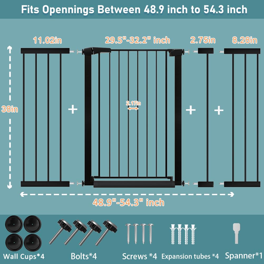 Fairy Baby gate adjustable width shows versatile fit from 48.9 to 54.3 inches.