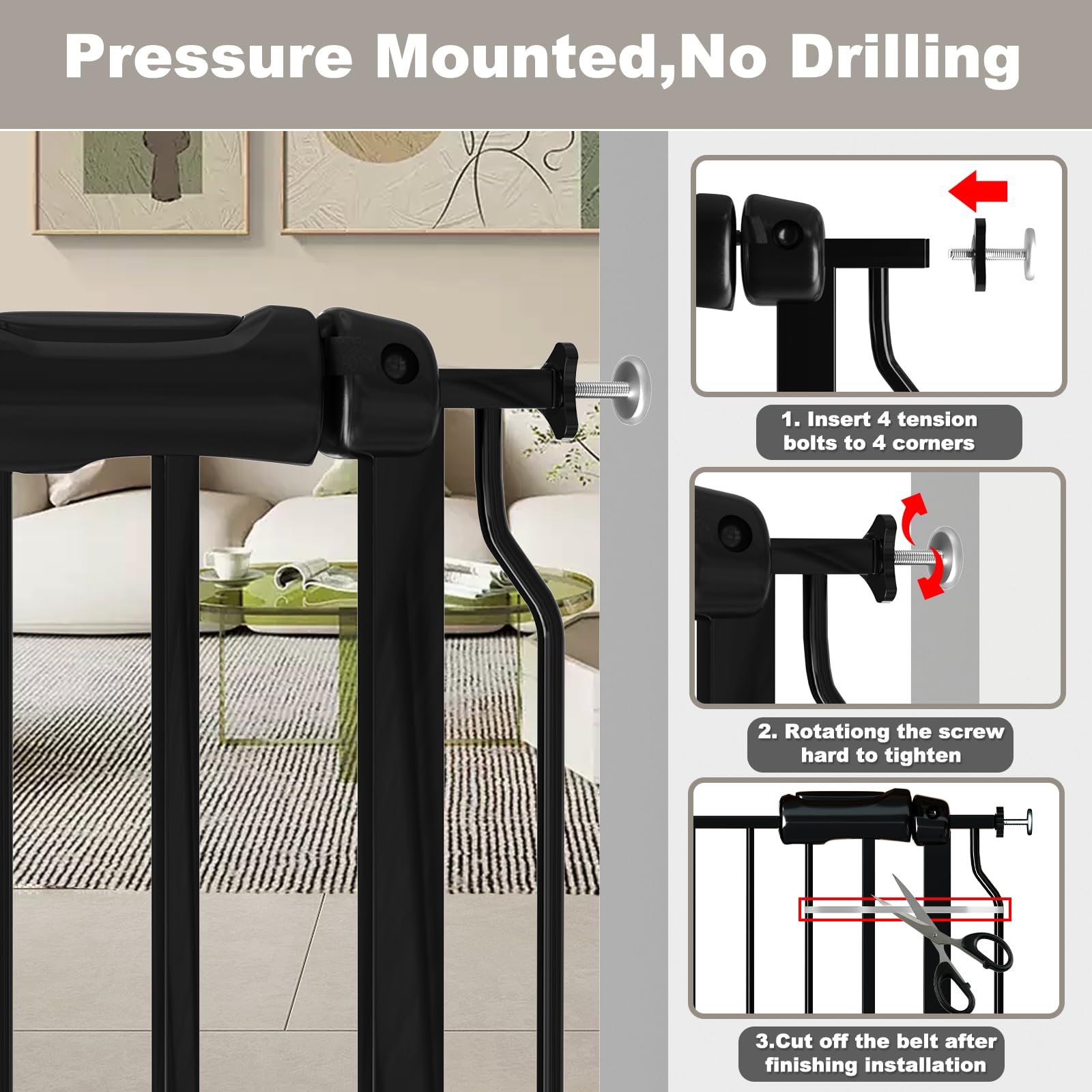 Fairy Baby gate black metal construction emphasizes sturdy, long-lasting use.