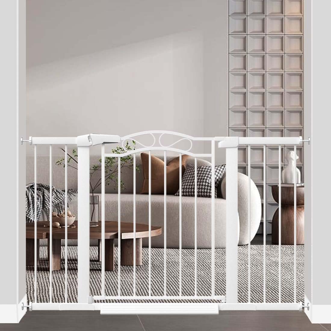 Fairy Baby gate in-use shows wide adjustable width for doorways and stairs