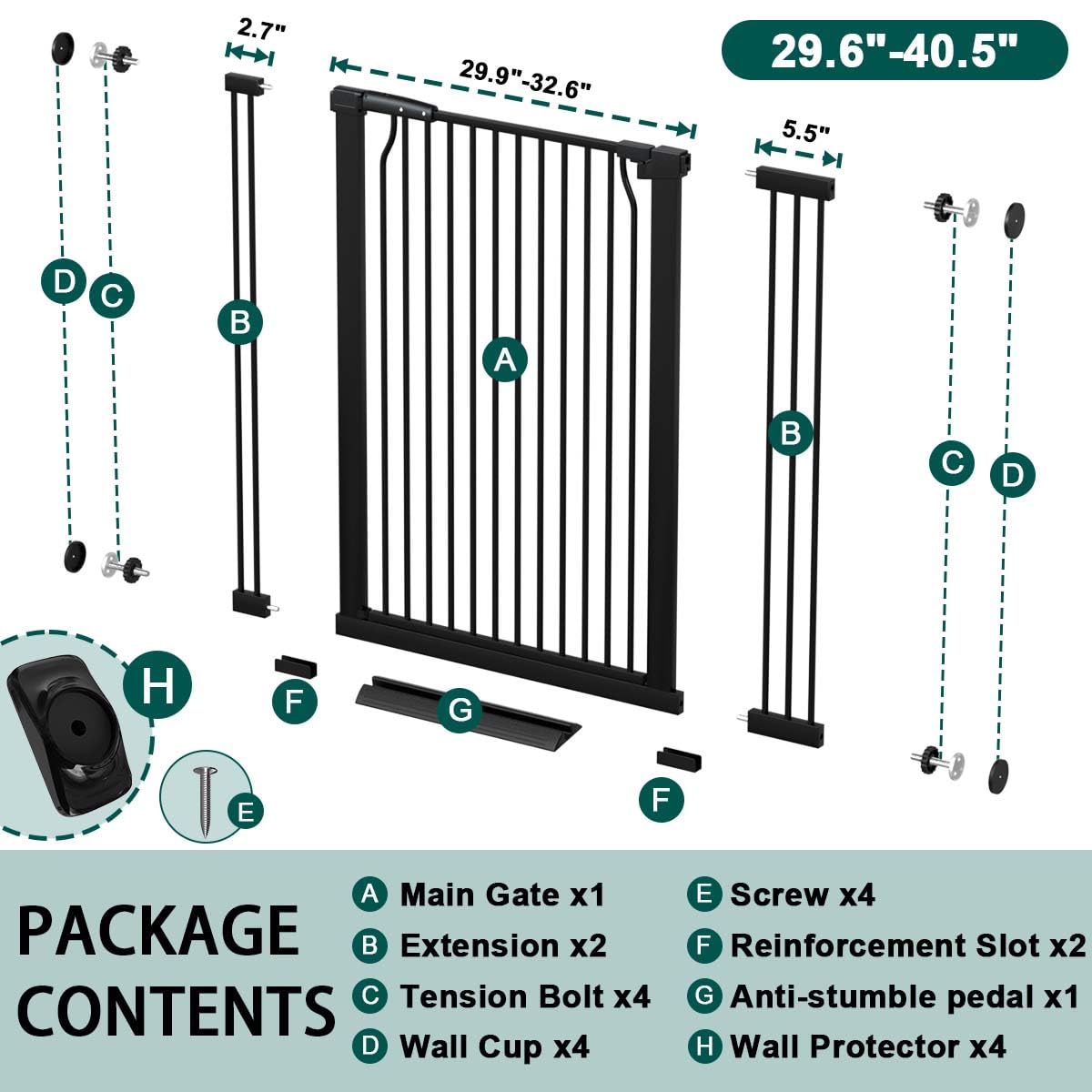 Fairy Baby gate shows wide adjustable range from 29.6 to 40.5 inches for openings.