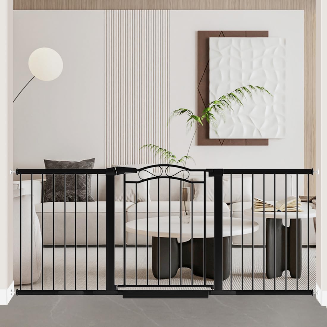 Fairy Baby gate at wide stair opening shows a secure barrier for toddlers.