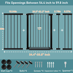 Fairy Baby gate width adjustment visual showing 54.4 to 59.8 inches, flexible fit.