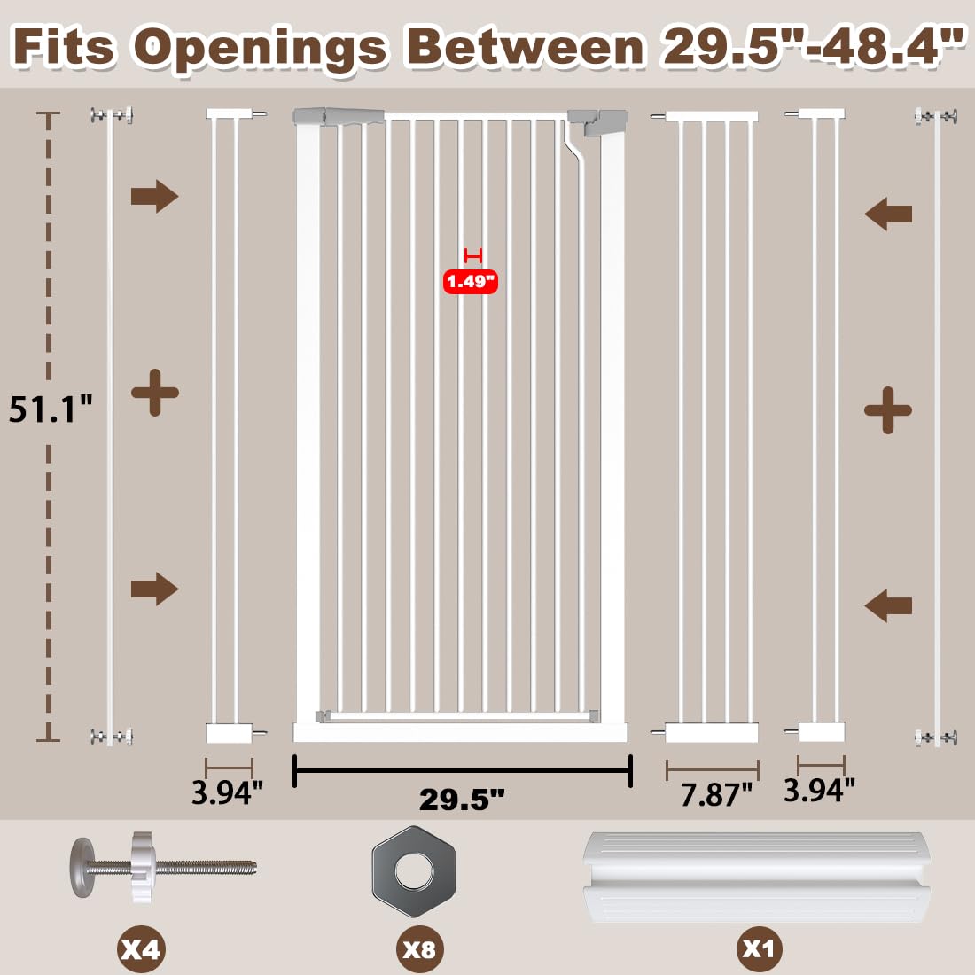 Fairy Baby gate width-adjustable 29.5-48.4 inches for versatile spaces.