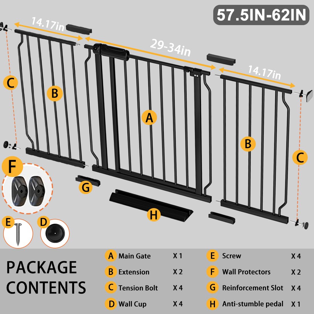 Fairy Baby pressure-mounted gate black with extensions fits 57.5-62 inches wide openings.