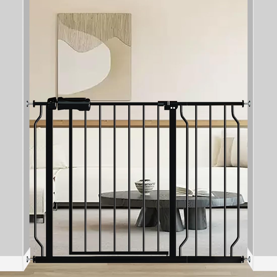 Fairy Baby walk-through gate with wide opening and extensions enables easy caregiver passage.