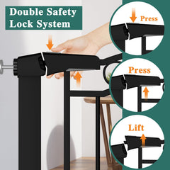 Fairy Baby pressure-mount gate black installation shows no-drill setup for stairs