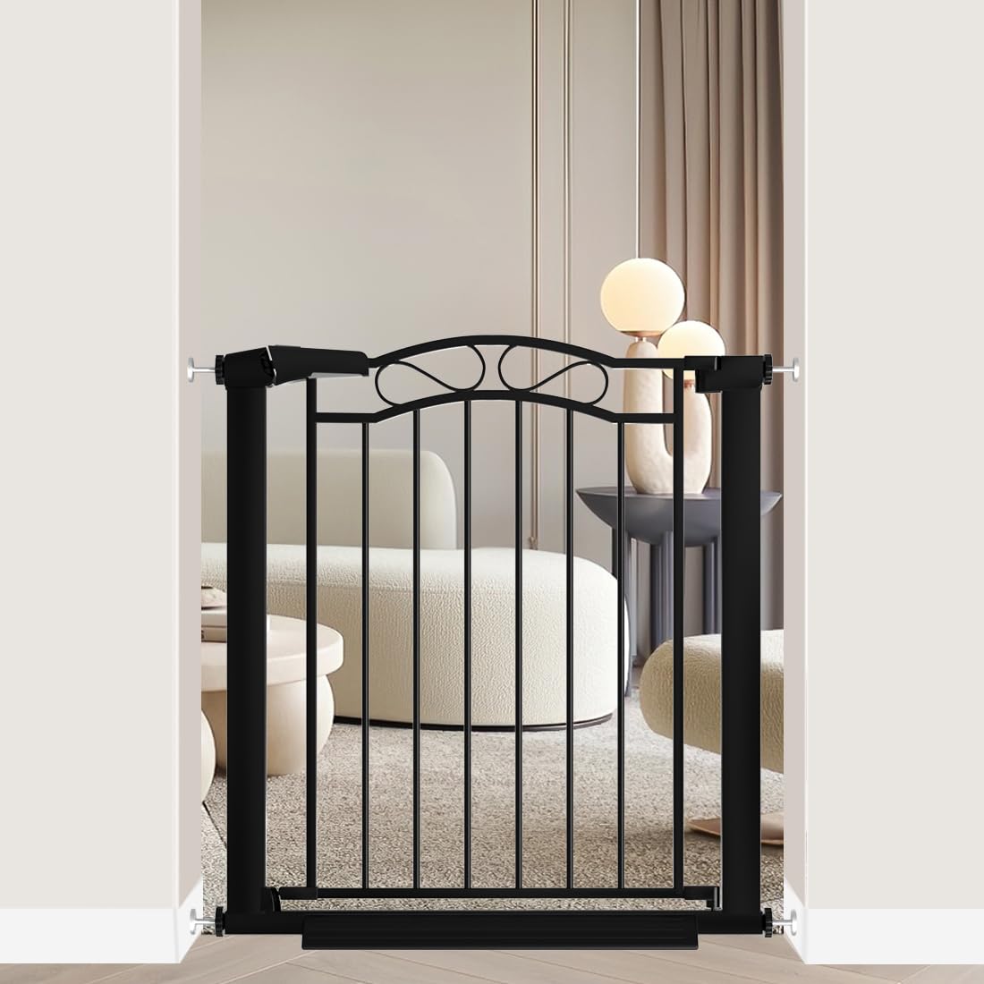 Fairy Baby wide gate with door for easy walk-through in hallways.