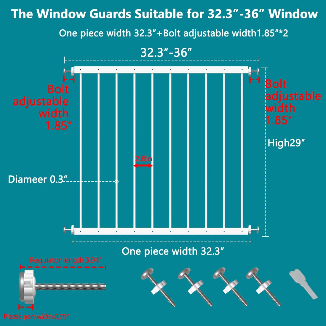 Fairy Baby adjustable-length window guard showing four size options