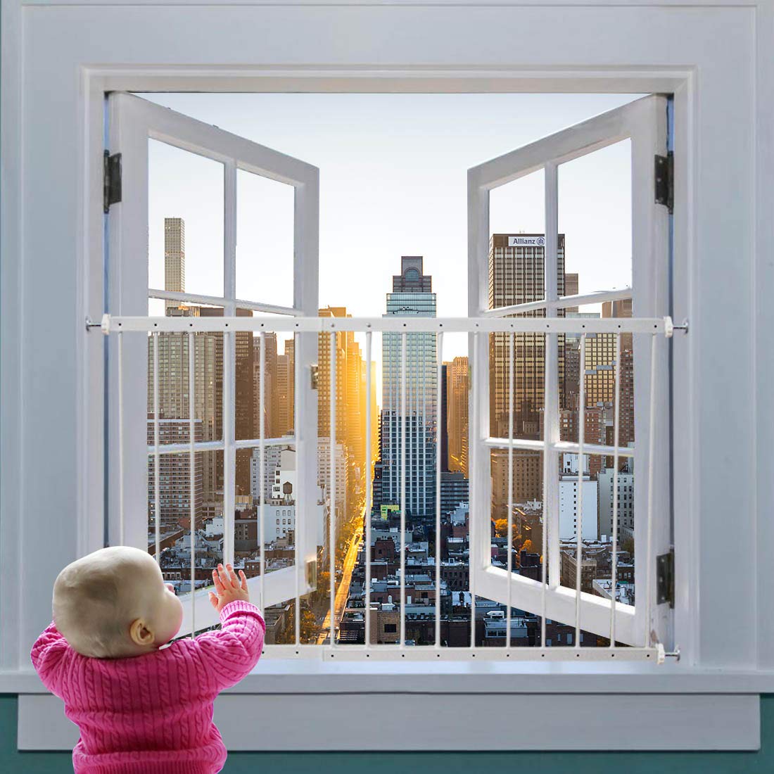 Fairy Baby window guard installed on window to prevent toddler falls