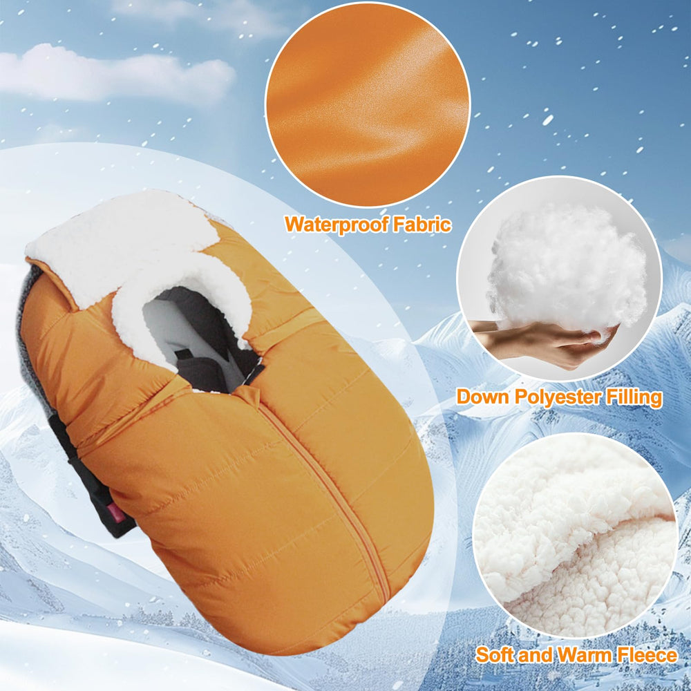 Fairy Baby winter car seat cover shown on back seat for travel convenience.