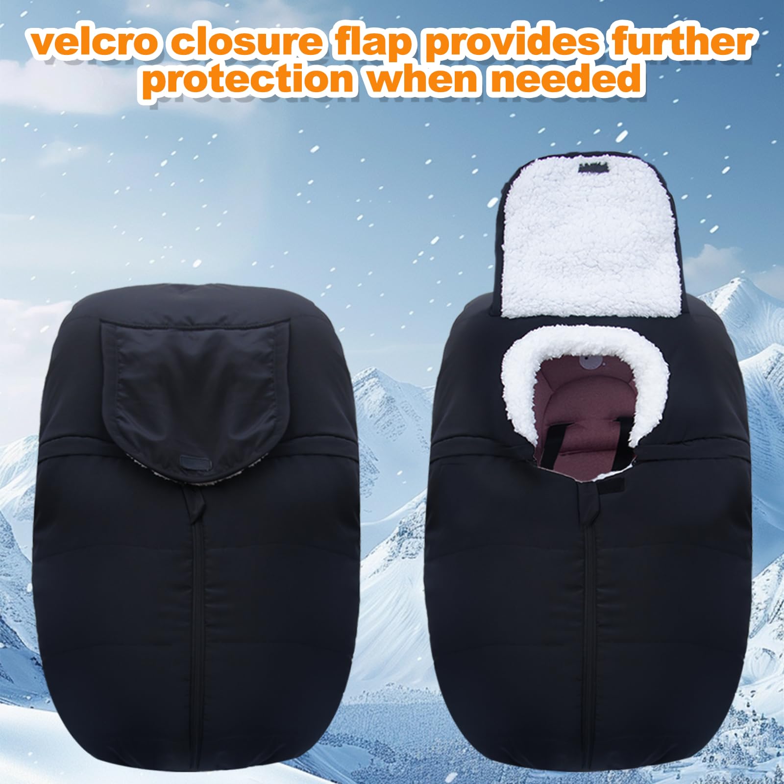 Fairy Baby winter car seat cover in use provides warmth and privacy for baby.