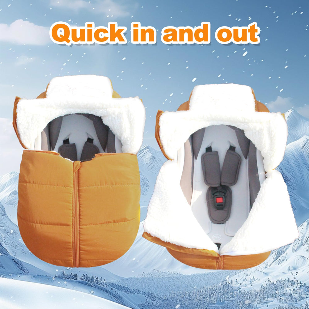 Fairy Baby winter car seat cover with two zipper openings for easy access.