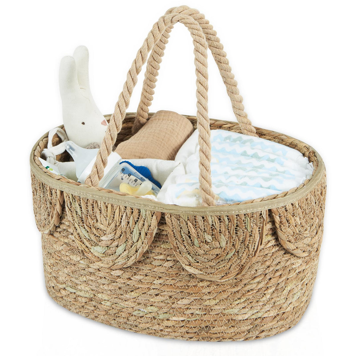 FairyHaus diaper caddy in natural seagrass for lightweight nursery organization