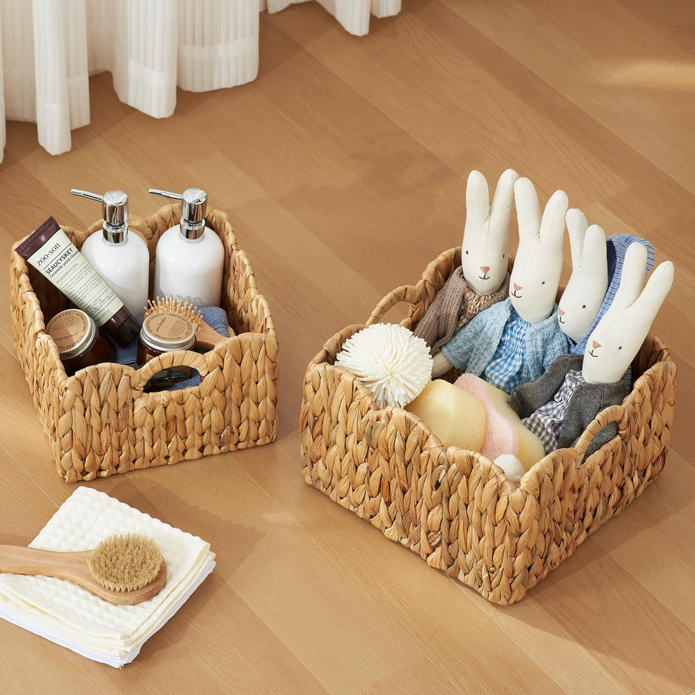 FairyHaus natural water hyacinth basket showcases textured material for rustic living room charm.