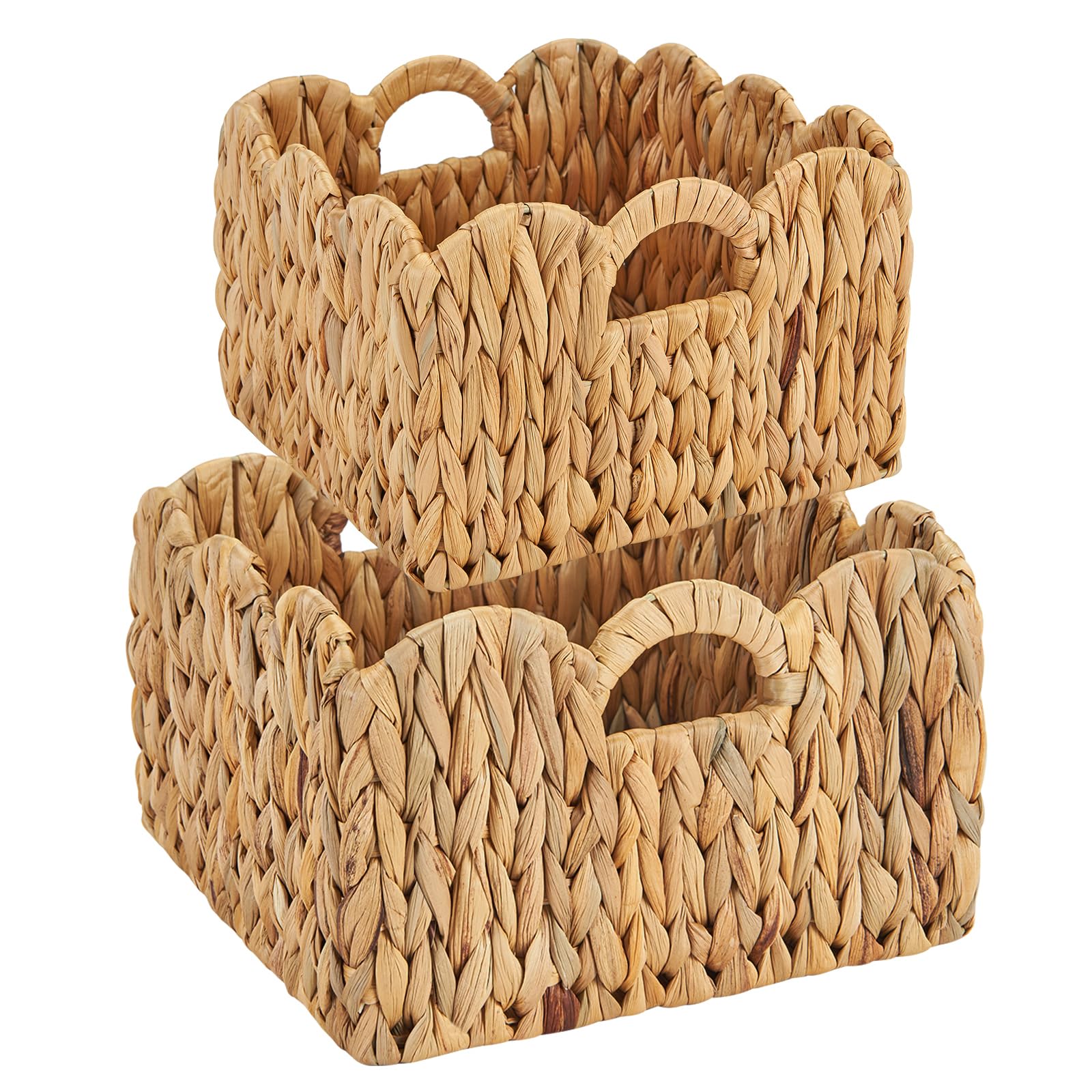 FairyHaus wicker basket 2Pack with scalloped edge and handles for easy, stylish organization.