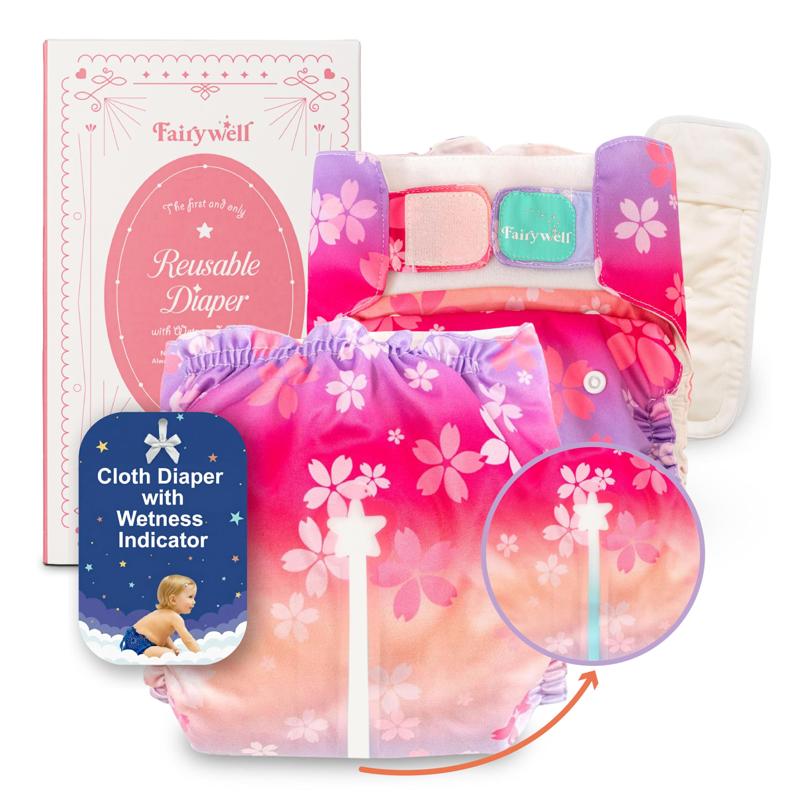 Fairywell Cherry Blossom diaper with wetness indicator signaling a change and comfort