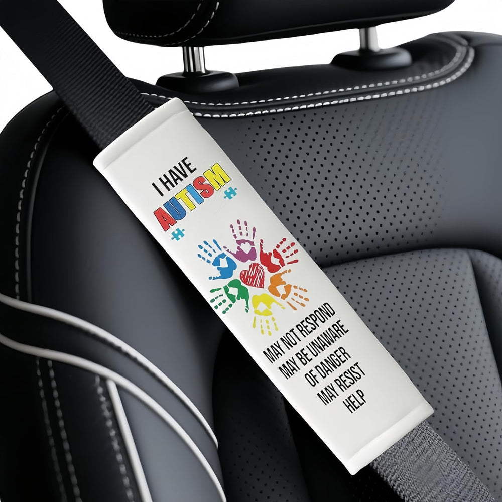 FAMCHAINS autism belt covers with dino design protect sensitive riders during car trips.