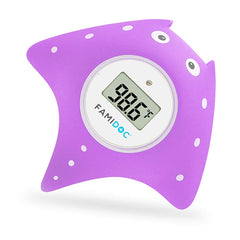 Famidoc baby bath thermometer hand activation demonstrates easy shake-on startup for quick bath checks.
