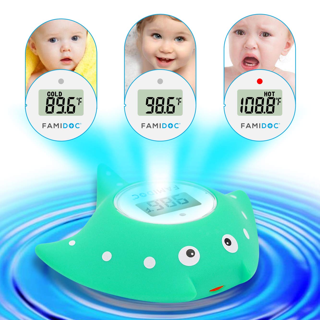 Famidoc bath thermometer floating blue battery-safe design with long life