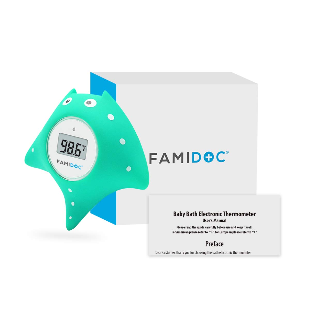Famidoc bath thermometer floating blue bath toy that doubles as temperature aid