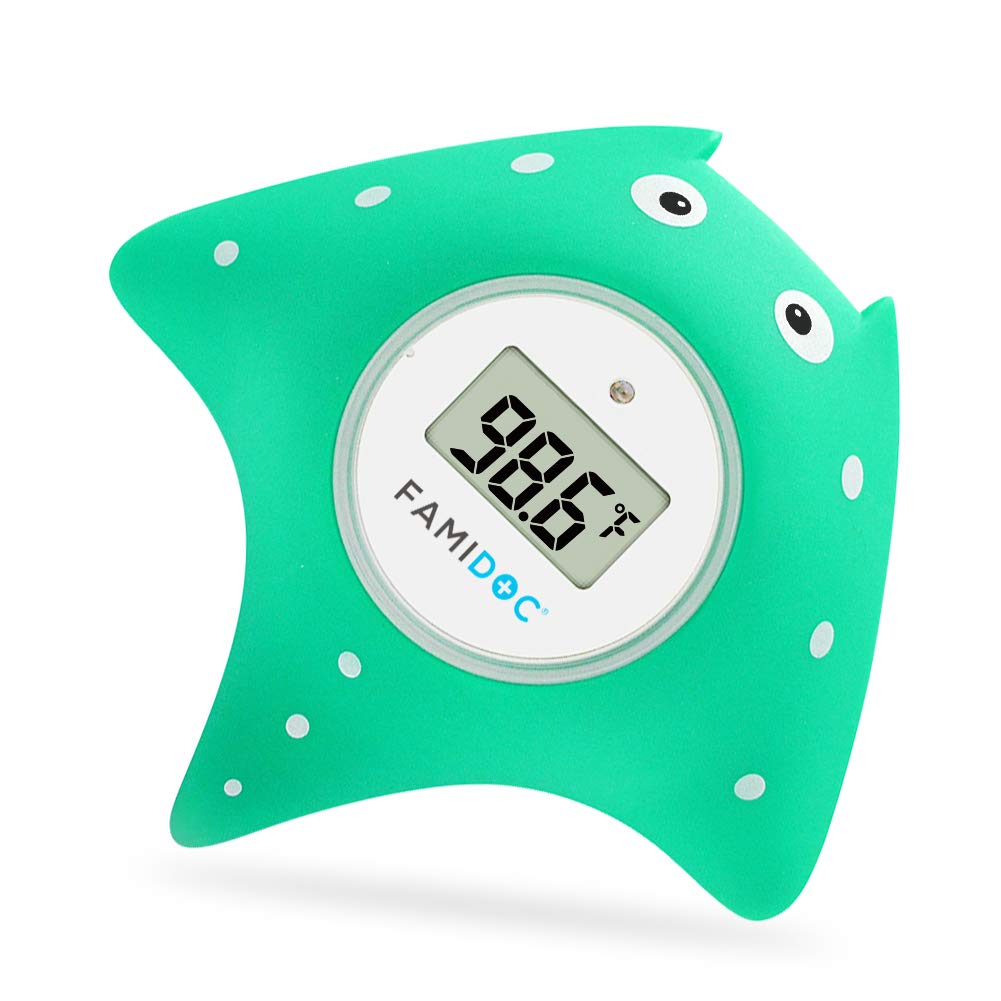 Famidoc bath thermometer floating blue left side view for gentle bath temperature cues