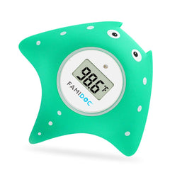 Famidoc bath thermometer floating blue left side view for gentle bath temperature cues