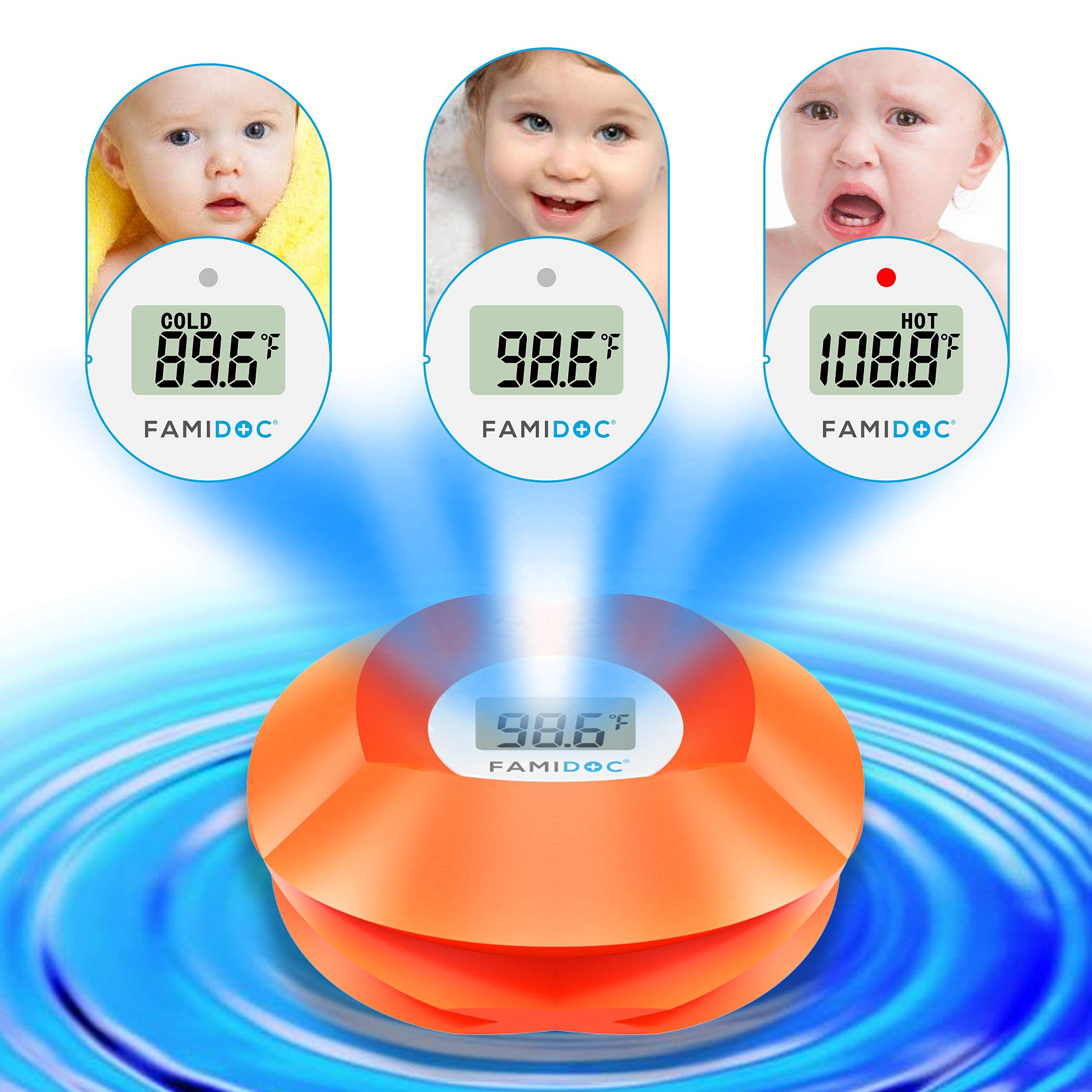 Famidoc floating flower thermometer in tub doubles as a gentle bath toy for sensory play.