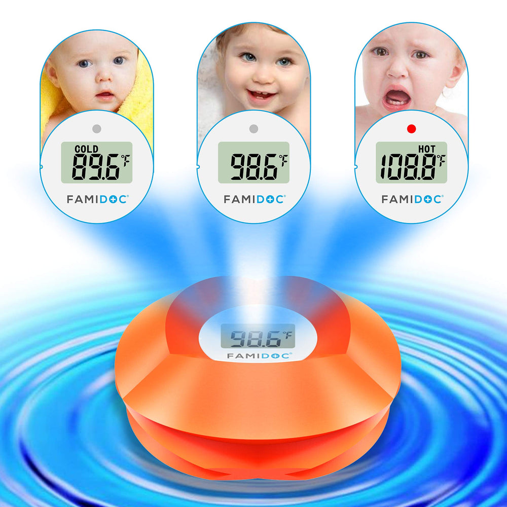 Famidoc floating flower thermometer in tub doubles as a gentle bath toy for sensory play.