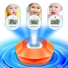 Famidoc floating flower thermometer in tub doubles as a gentle bath toy for sensory play.