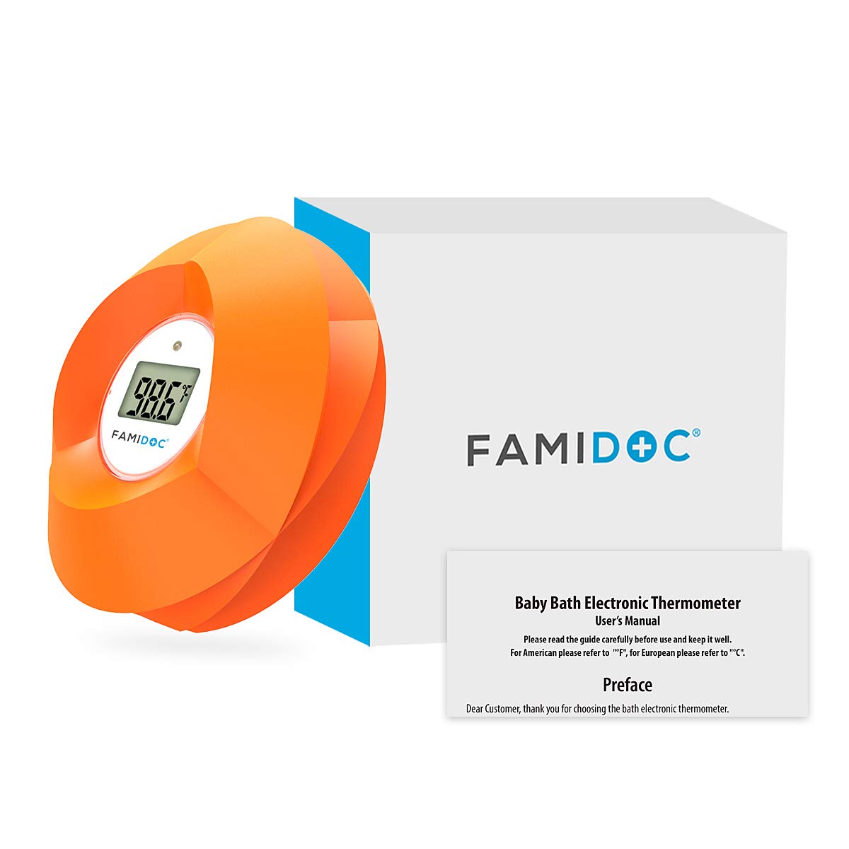Famidoc flower thermometer floats calmly, encouraging safe, relaxed bath routines for kids.