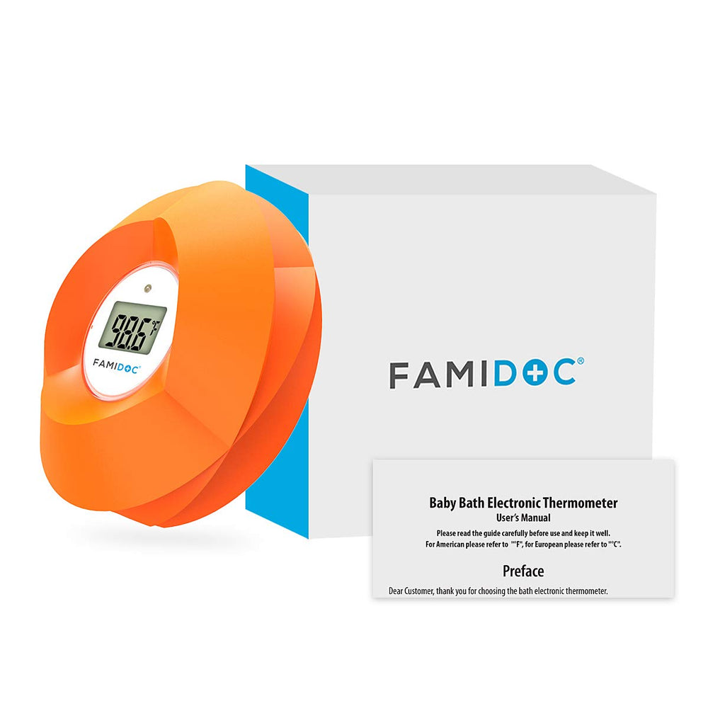 Famidoc flower thermometer floats calmly, encouraging safe, relaxed bath routines for kids.